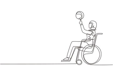 Continuous one line drawing Arab girl in wheelchair plays basketball. Disabled person spins basketball on her finger. Exercise for people with disabilities. Single line draw design vector illustration