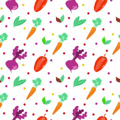 Decorative seamless pattern background with stylized vegetables: tomato, cucumber, beet, carrot, pepper, potato, onion, greens. Vegetables in flat design isolated on a white background. Vector.