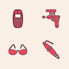 Set Fountain pen nib, Old mobile phone, Ray gun and Glasses icon. Vector