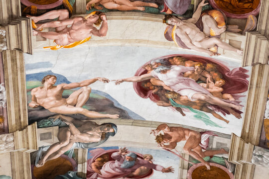 Vaticano, Italia - Ottobre 15, 2021: La creazione di adamo, cappella Sistina dipinta da Michelangelo, Città del Vaticano