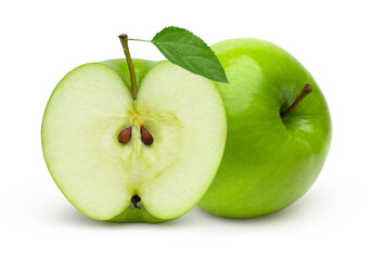 Fresh green apple fruit and halves with leaves isolated on white background.