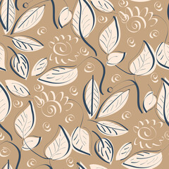 Seamless pattern with a sketch of leaves on kraft paper.