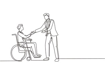 Single one line drawing disability employment, work for disabled people. Disable man sit in wheelchair shaking hand with colleague in office. Continuous line draw design graphic vector illustration