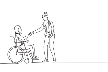 Continuous one line drawing disability employment, work for disabled people. Disable woman sit in wheelchair shaking hand with colleague in office. Single line draw design vector graphic illustration - obrazy, fototapety, plakaty