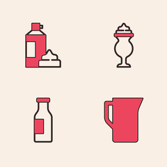 Set Milk jug or pitcher, Whipped cream in bottle, Milkshake and Bottle with milk icon. Vector