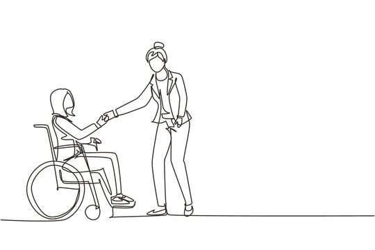 Continuous one line drawing disability employment, work for disabled people. Disable woman sit in wheelchair shaking hand with colleague in office. Single line draw design vector graphic illustration