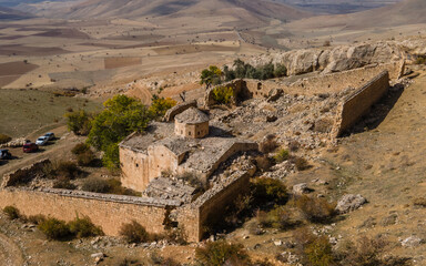 Drone photo of Aprank Monastery (Saint David's Monastery) Ruins, Erzincan Province, Turkey - obrazy, fototapety, plakaty