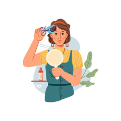 Woman cuts her own bangs isolated flat cartoon character. Vector portrait of attractive young girl cutting hair in front of small mirror, change of hairstyle at home, shelf with cosmetics and plants