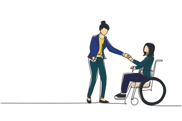 Continuous one line drawing disability employment, work for disabled people. Disable woman sit in wheelchair shaking hand with colleague in office. Single line draw design vector graphic illustration - obrazy, fototapety, plakaty