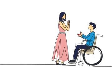 Single continuous line drawing disabled person character. Man made proposal to girl, wedding. Happy family. Positive man with special needs in wheelchair. One line draw design vector illustration