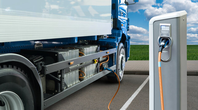 Electric truck batteries are charged from the charging station. Concept