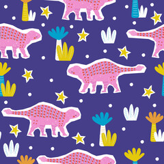 Obraz premium Colorful seamless pattern with pink dinosaur. Kids print. Vector hand drawn illustration.