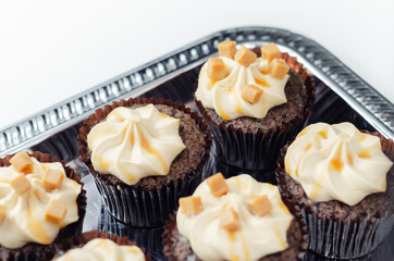 Salted caramel cupcakes, tempting little chocolate cupcakes with a baileys flavour frosting and caramel drizzle