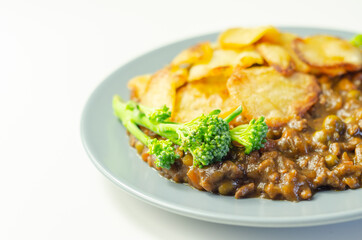 Minced beef hotpot, tender british beef in a warming gravy with carrots and peas, all topped with sliced roast potatoes
