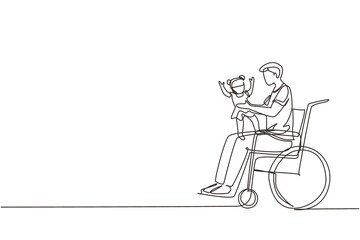 Single continuous line drawing happy disabled father with his child. Disability man holding baby in his arms. Family love concept. Physical disability, society. One line design vector illustration