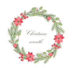 Winter vector round frame with plants and flowers. Floral wreath