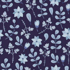 WInter seamless pattern with blue plants and flowers.