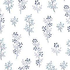 WInter seamless pattern with blue plants and flowers.