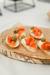 Buffet snacks. Party catering, fast food, burgers, capapé and bruschetta