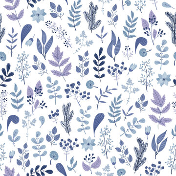WInter seamless pattern with blue plants and flowers.