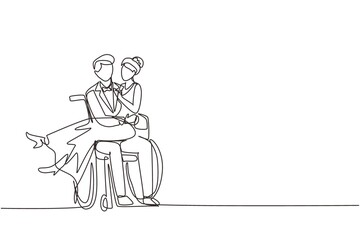 Fototapeta na wymiar Single continuous line drawing disabled man carrying woman in wheelchair. Happy couple at wedding celebration. Happy family. Positive man with special needs in wheelchair. One line draw design vector