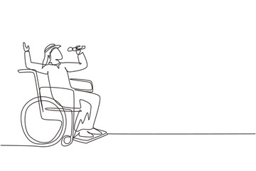 Single continuous line drawing disabled person enjoying life. Arabian man sitting in wheelchair singing at karaoke. Spend time in recreational place. One line draw graphic design vector illustration