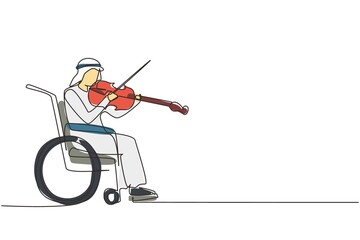 Continuous one line drawing disability and music. Arabian man in wheelchair plays violin. Physically disabled. Person in hospital. Rehabilitation center patient. Single line draw design vector graphic