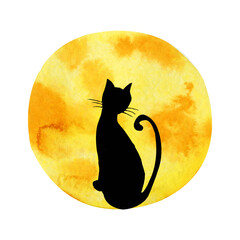 Black silhouette of a black cat on the background of a yellow moon. Hand drawn watercolor illustration isolated on white background. Halloween design, horror scenes, icon