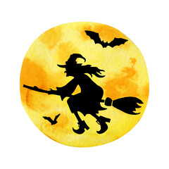 Black silhouette of a witch on a broom on a background of a yellow moon. Hand drawn watercolor illustration isolated on white background. Halloween design, horror scenes, icon