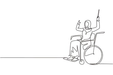 Continuous one line drawing young Arabian woman conductor sitting in wheelchair leading orchestra. Disability, classical music. Physically disabled. Single line draw design vector graphic illustration