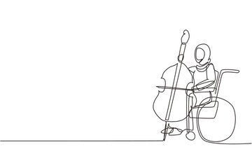 Single one line drawing Arab woman sitting in wheelchair plays cello in concert. Disability and classical music. Physically disabled. Rehabilitation center patient. Continuous line draw design vector