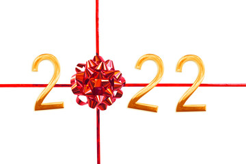 2022 Red gift bow and ribbon isolated on white background, new year greeting card