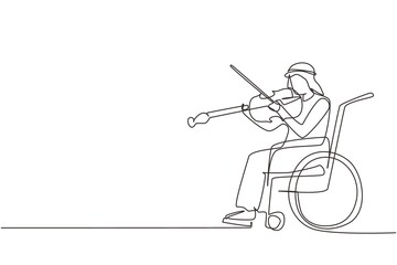 Continuous one line drawing disability and music. Arabian man in wheelchair plays violin. Physically disabled. Person in hospital. Rehabilitation center patient. Single line draw design vector graphic