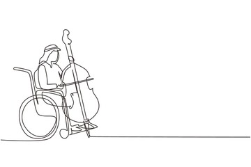 Single one line drawing young Arab man sitting in wheelchair plays cello in concert. Disability and classical music. Physically disabled. Person in hospital. Continuous line draw design graphic vector © Simple Line