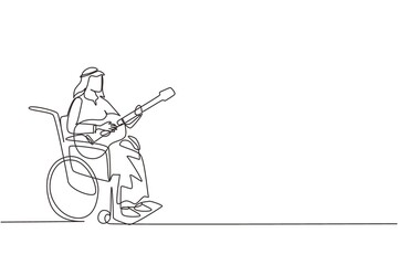 Continuous one line drawing Arab man sit wheelchair with acoustic guitar play music, sing song. Physically disabled. Rehabilitation center patient. Single line draw design vector graphic illustration