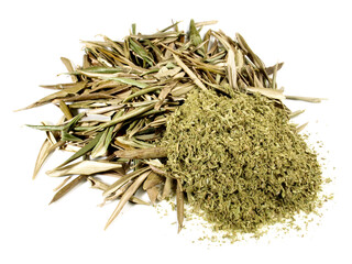 Dried Olive Leaves with Powder isolated on white Background