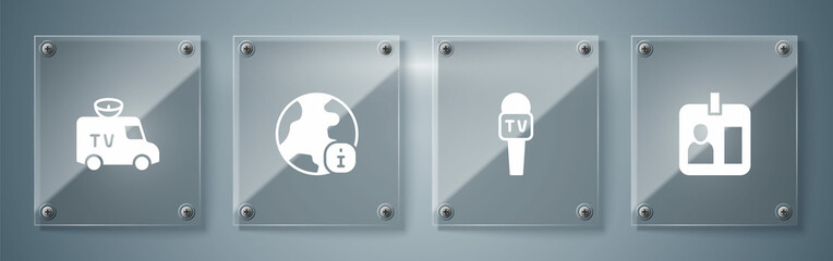 Set Journalist id card, Microphone, World news and TV News. Square glass panels. Vector