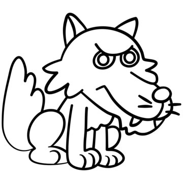 Cute wolf cartoon image sitting looking at prey and smiling, cute fat character. , for coloring on white background, comic cartoon image, cartoon flat design, wolf flat design