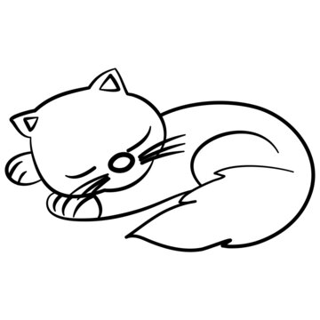 Cartoon image of cute striped cat sleeping peacefully , cute fat body , for coloring on white background, comic cartoon image, cartoon flat design, flat design cat