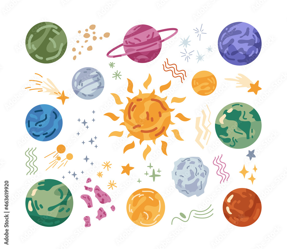 Poster celestial bodies and planets, solar system and space asteroids and meteors. planetarium and galaxy a