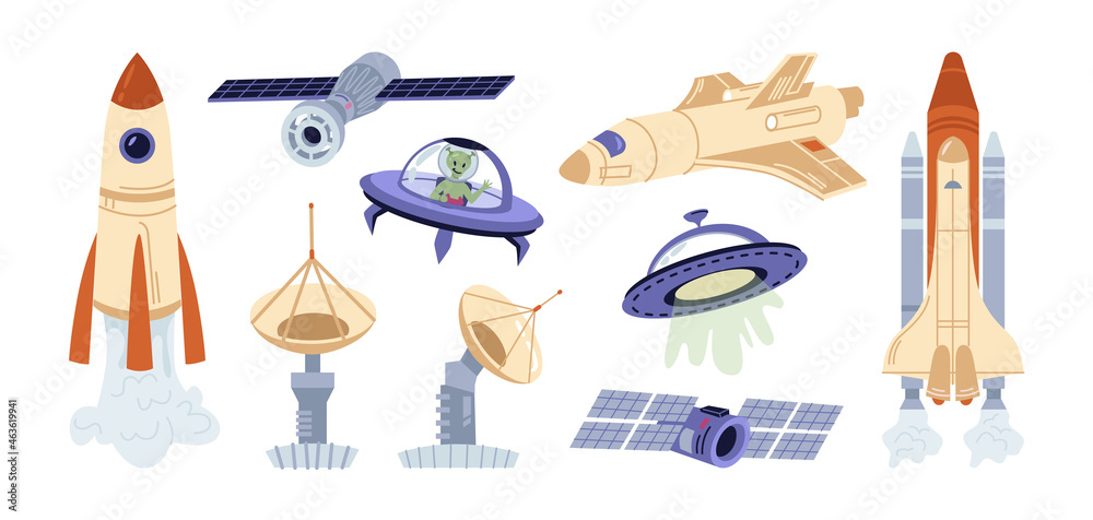 Aufkleber Galaxy and outer space flying objects and spacecrafts, spaceship and saucers of aliens. Futuristic transport for universal travel, satellites and shuttles, rockets. Cartoon illustration in flat vector