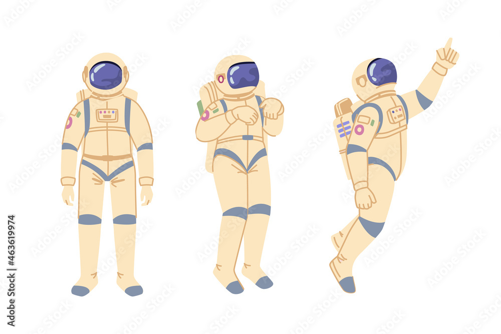 Poster Outer space exploration and discoveries of universe and galaxy. Cosmonaut in costume for travel. Astronaut in spacesuit preserving oxygen for breathing. Cartoon character in flat style vector