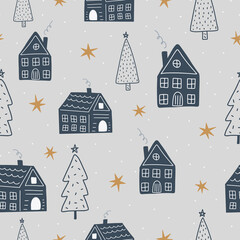 Christmas and New Year symbols scandinavian hand drawn seamless pattern. Vector cute print. Digital paper. Design element.
