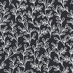 A stylish pattern of white leaves on a black background. For wedding invitations, postcards, posters, labels of cosmetics and perfumes, packaging paper. Vector illustration
