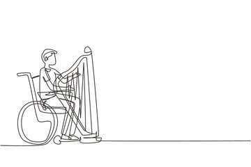 Single one line drawing young handsome man sitting in wheelchair plays harp in concert. Disability and classical music. Physically disabled. Person in hospital. Continuous line draw design vector