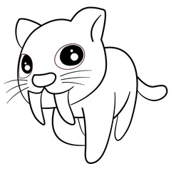 walking cute sabre-toothed tiger cartoon image , cute fat body , feline tiger , long toothed tiger for coloring on white background, comic cartoon image, cartoon flat design, saber-toothed tiger flat 