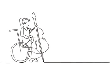Single one line drawing woman sitting in wheelchair plays cello in opera concert. Disability and classical music. Physically disabled. Continuous line draw design graphic vector illustration