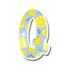 Cute alphabet 'Q' with Lemonade Pattern on white silhouette and gray shadow. Lovely letter design for decoration. Vector Illustration about lettering.