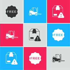 Set rice tag with Free, Forklift truck and Delivery security shield icon. Vector
