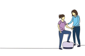 Single one line drawing woman therapist helping young female patient stepping up the stairs, medical rehabilitation, physical therapy activity. Continuous line draw design graphic vector illustration